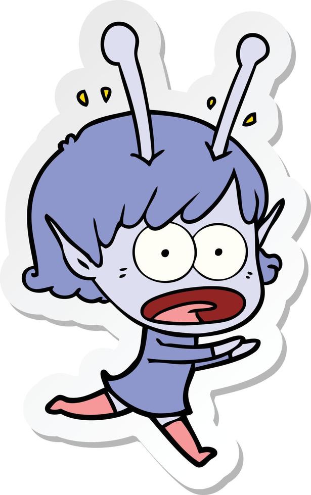 sticker of a cartoon shocked alien girl vector