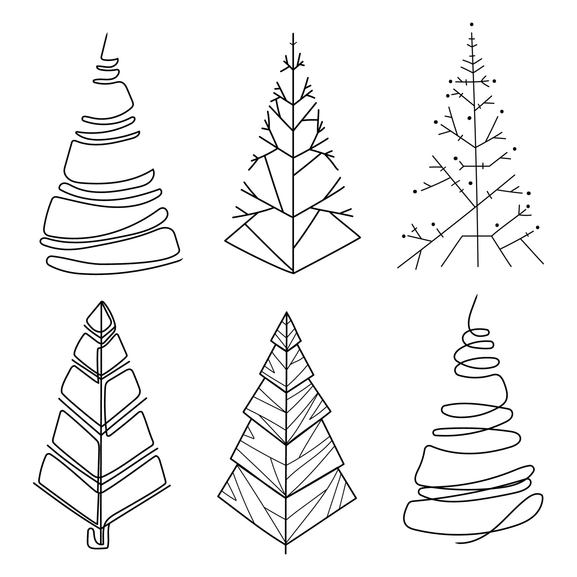 Christmas tree line art drawing vector set.Abstract stylized ...