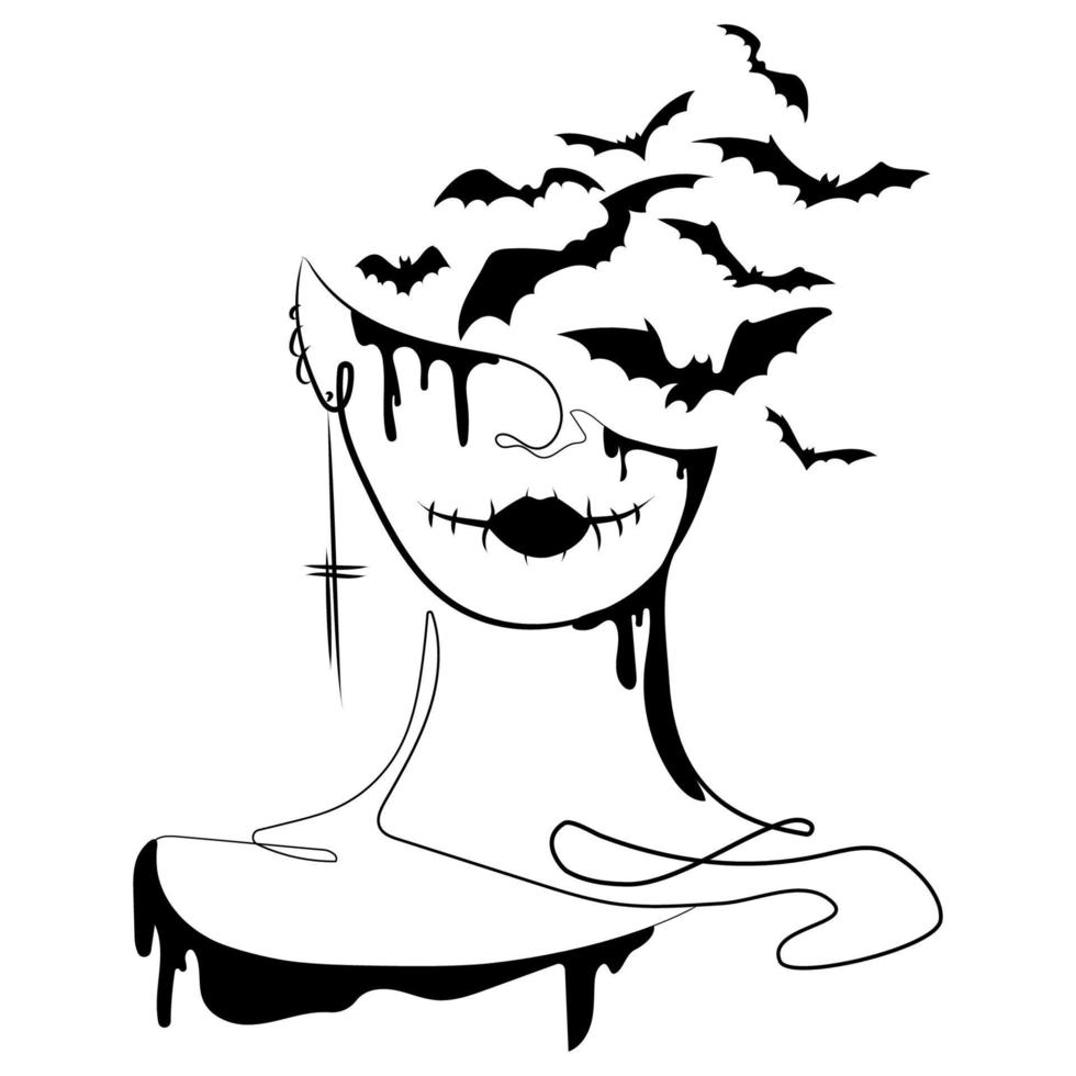 Creepy surrealistic woman face with bats in head and sewn mouth.Halloween concept vector illustration.Gothic girl line drawing.Half female face with bats.Stylish fashionable t-shirt print, logo,tattoo