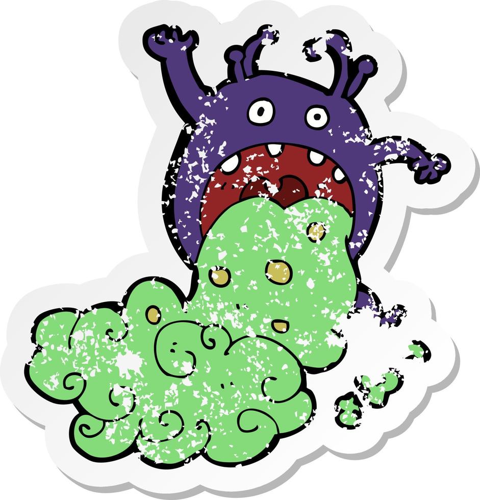 retro distressed sticker of a cartoon gross monster being sick vector