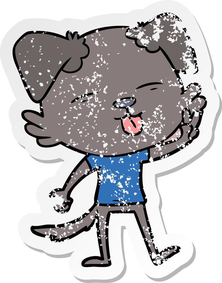 distressed sticker of a cartoon dog sticking out tongue vector