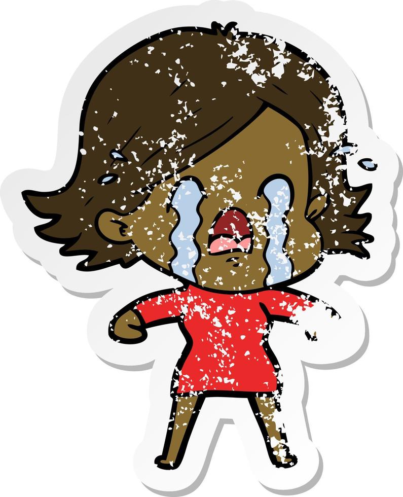 distressed sticker of a cartoon woman crying vector