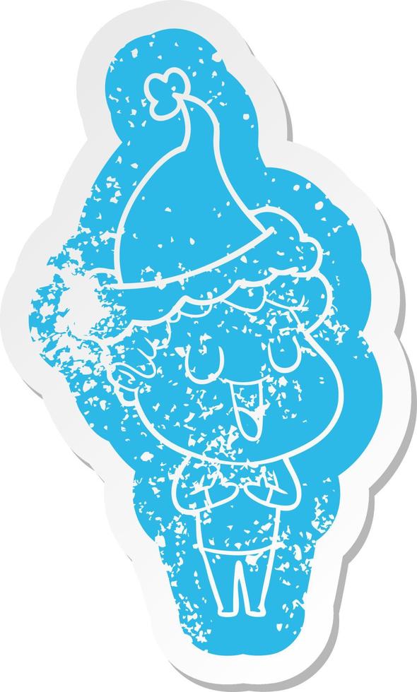 laughing cartoon distressed sticker of a man wearing santa hat vector