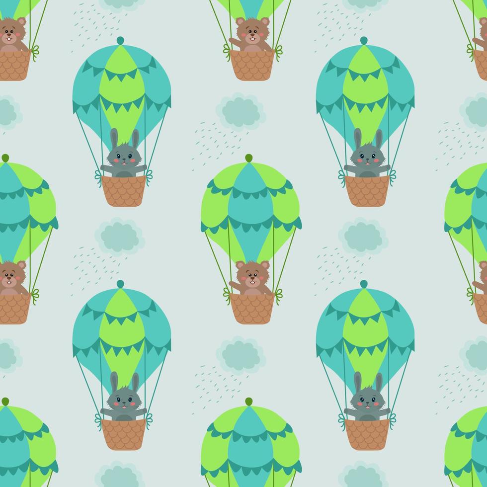 Vector seamless pattern with rabbits and bears on a balloon. Vector illustration with animals for children. It is used for printing on children's fabrics, wallpaper, textiles, design.