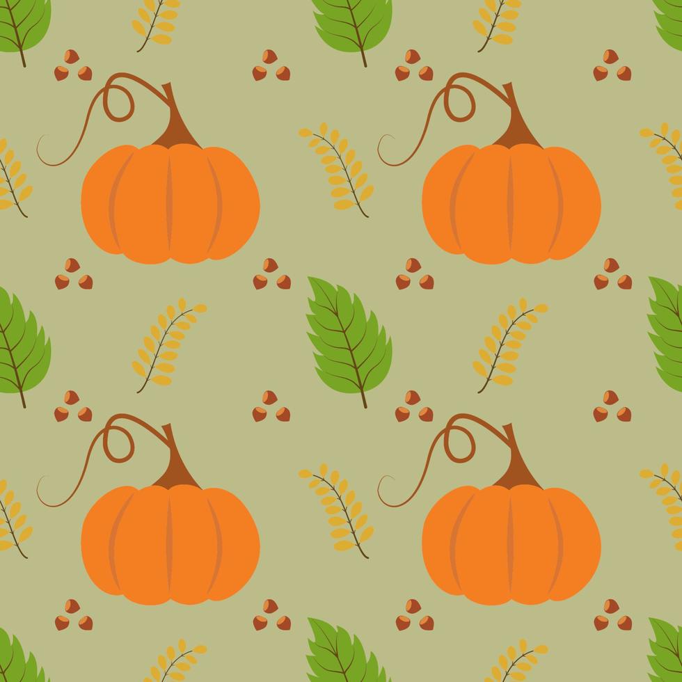 Seamless vector pattern with pumpkins, leaves and berries. It can be used to make fabrics, wrapping paper, design and wallpaper. Vegetable autumn background of pumpkins and leaves. Flat style. Vector