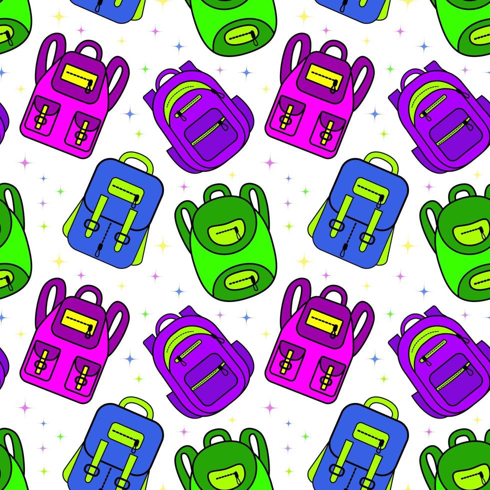 Vector seamless pattern with school backpacks   bright colors. School supplies. Ideal for children's posters, packaging, textiles, web design, postcards.