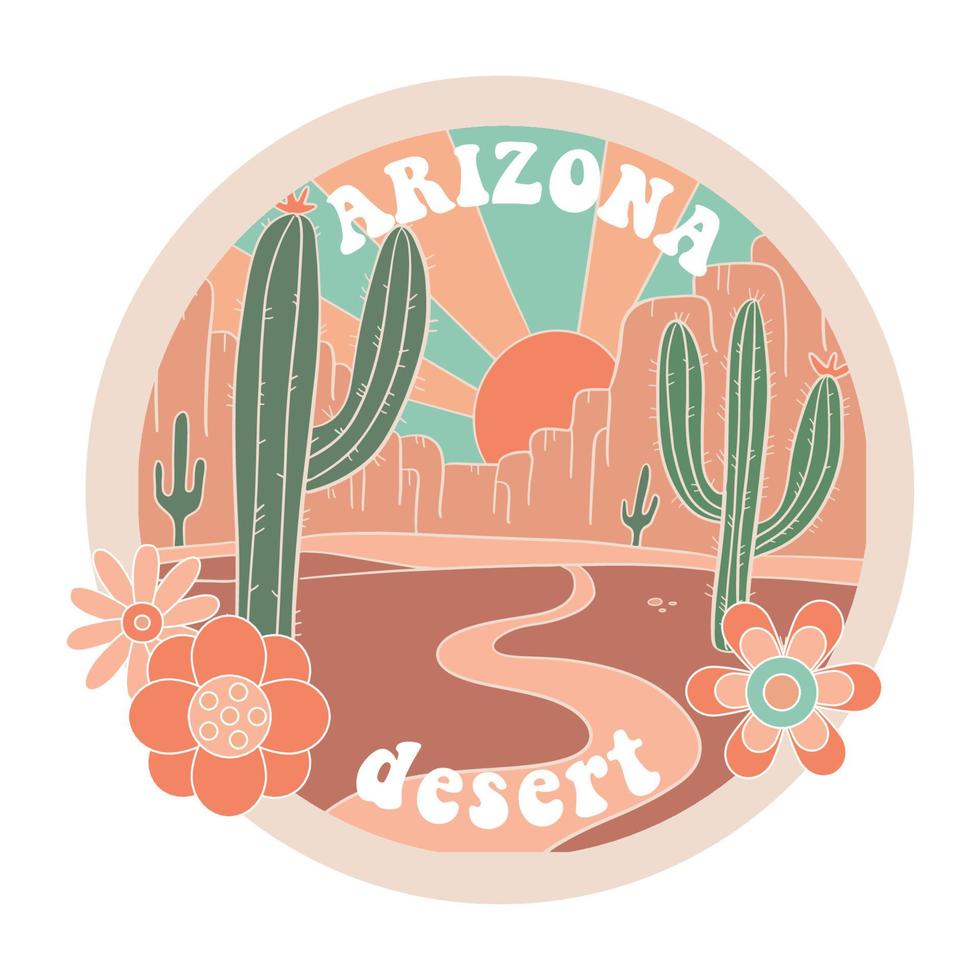 Arizona desert with light blast round graphic print artwork for apparel, stickers, background and others. Desert sunset view retro vintage vector illustration. Desert dreaming t-shirt design.