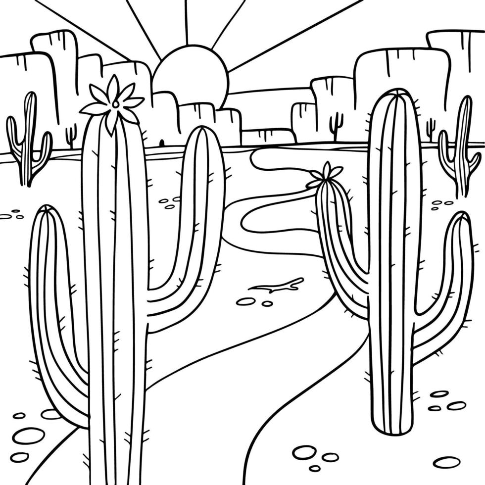 página para colorear con cactus florecientes en el desierto de arizona. libro para colorear antiestrés para niños y adultos. estilo zen-enredo. dibujo en blanco y negro. ilustración lineal vectorial dibujada a mano. vector