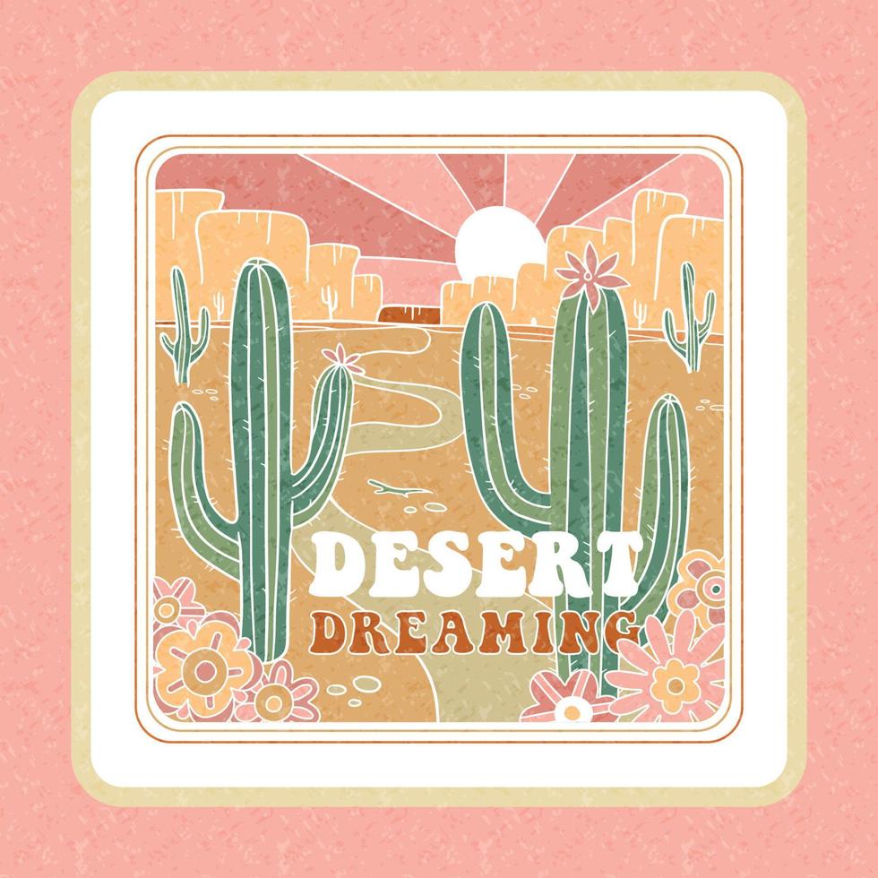 Desert Dreaming Arizona sticker. Arizoma vibes graphic print design for apparel, posters. Outdoor western vintage artwork. Joshua desert t-shirt. Outline vector hand drawn illustration