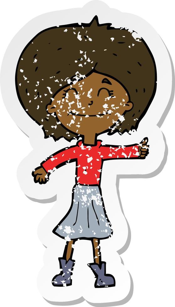 retro distressed sticker of a cartoon happy girl giving thumbs up symbol vector