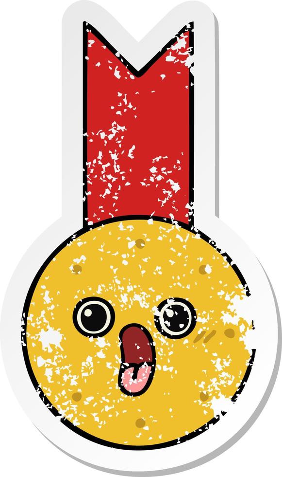 distressed sticker of a cute cartoon gold medal vector