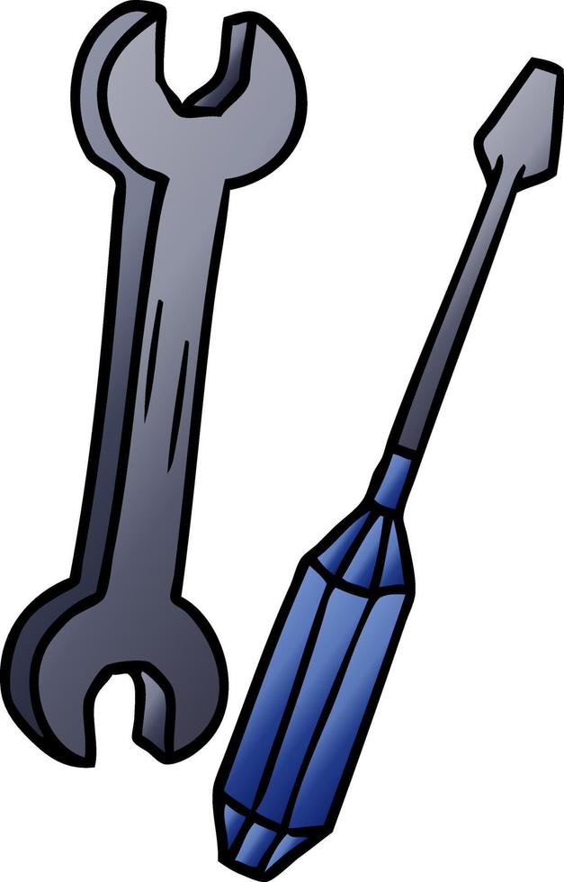 gradient cartoon doodle of a spanner and a screwdriver vector