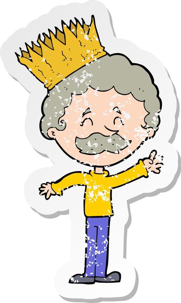 retro distressed sticker of a cartoon person wearing crown vector
