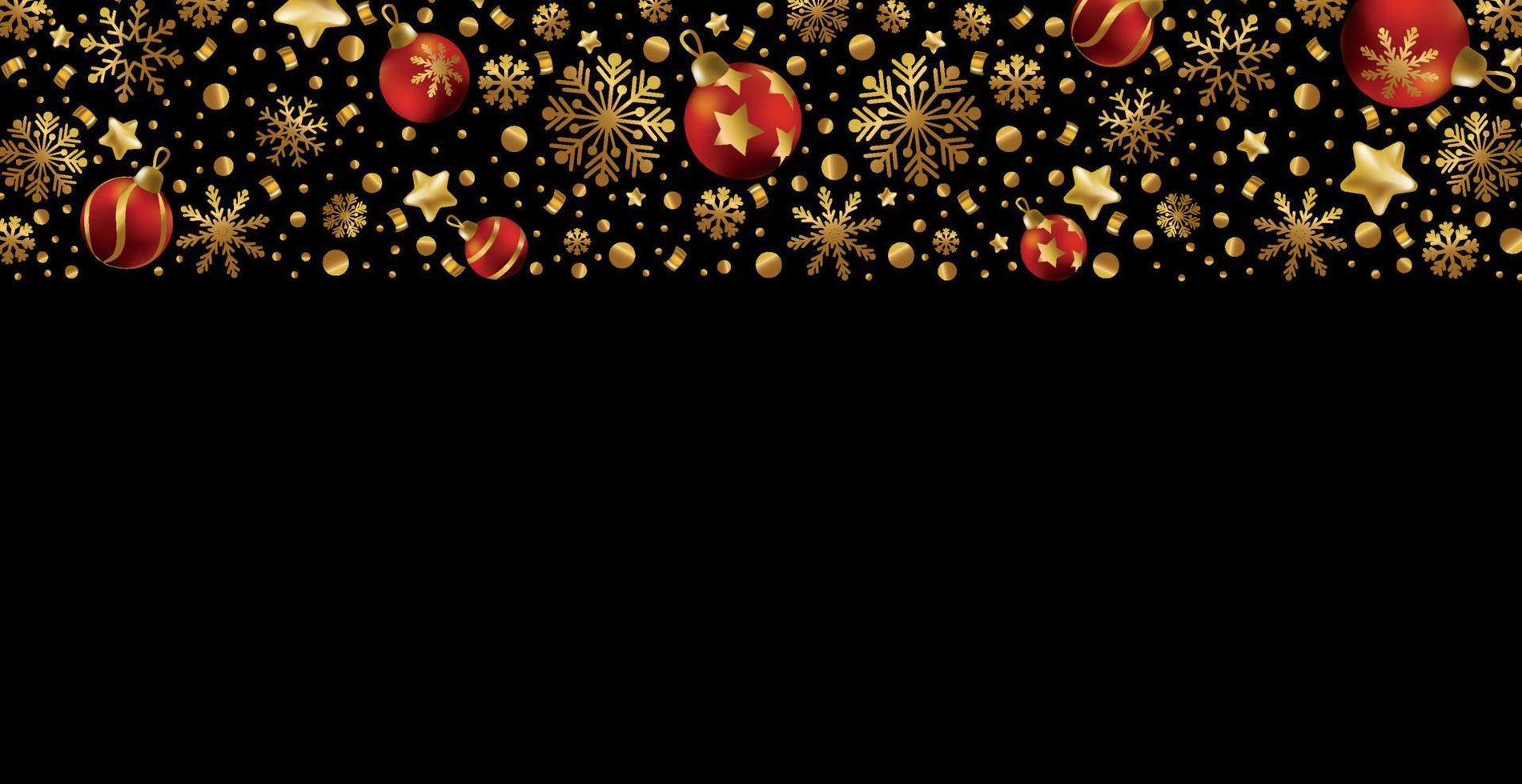 feliz año nuevo y feliz navidad tarjeta de felicitación, banner de vacaciones, cartel web. Fondo oscuro con brillantes copos de nieve dorados y bolas rojas de Navidad - vector