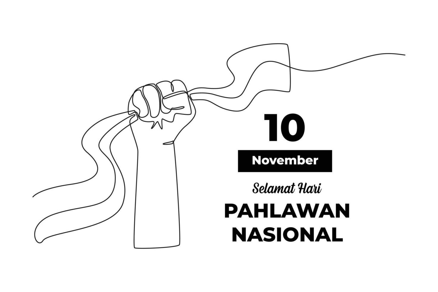 Single one line drawing Happy Indonesian National Hero day for greeting card, poster and banner 10 November. National hero concept in Indonesia. Continuous line draw design graphic vector illustration