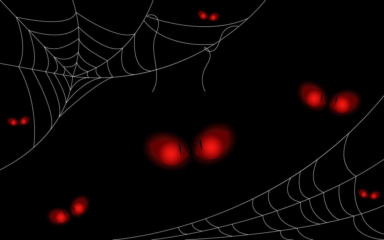 Creepy eyes and cobweb background. Scary halloween symbol isolated on black vector illustration. Design for banner, background, postcard