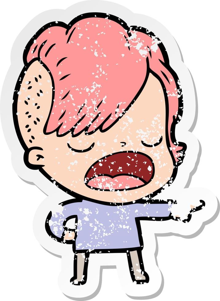 distressed sticker of a cartoon cool hipster girl talking vector