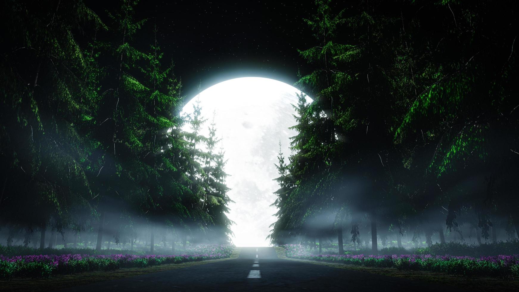 The road cuts through the mountain pine forest. There are flower bushes by the side of the road. Heading towards full moon at night. Early winter night road with fog covering the surface.3D Rendering photo