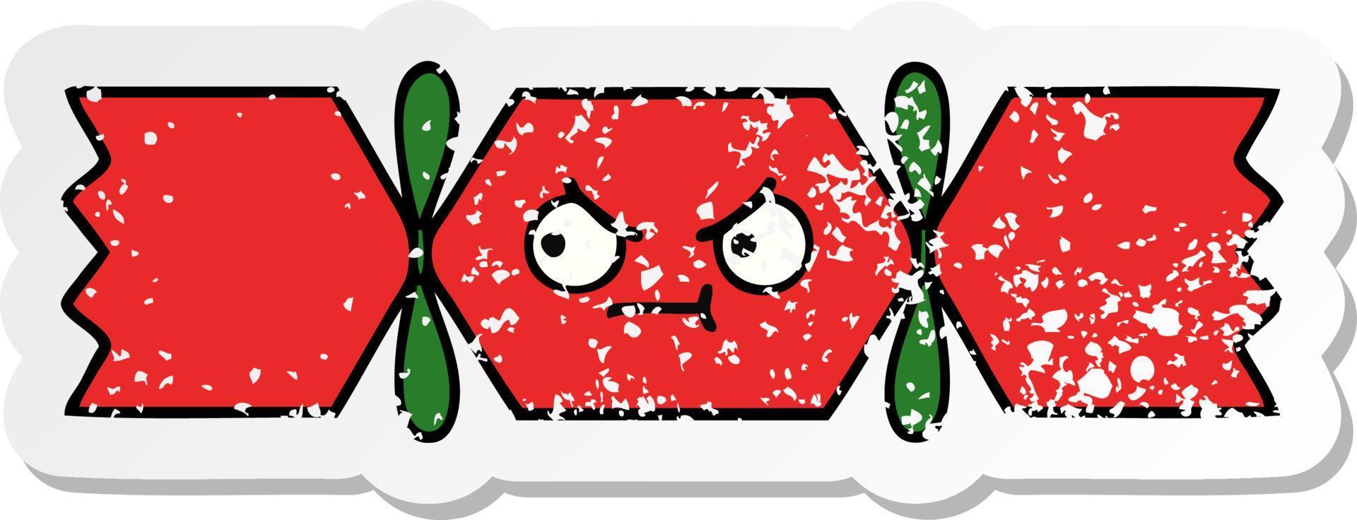 distressed sticker of a cute cartoon christmas cracker vector