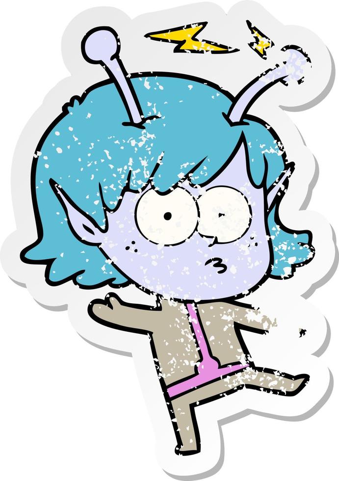 distressed sticker of a cartoon alien girl vector