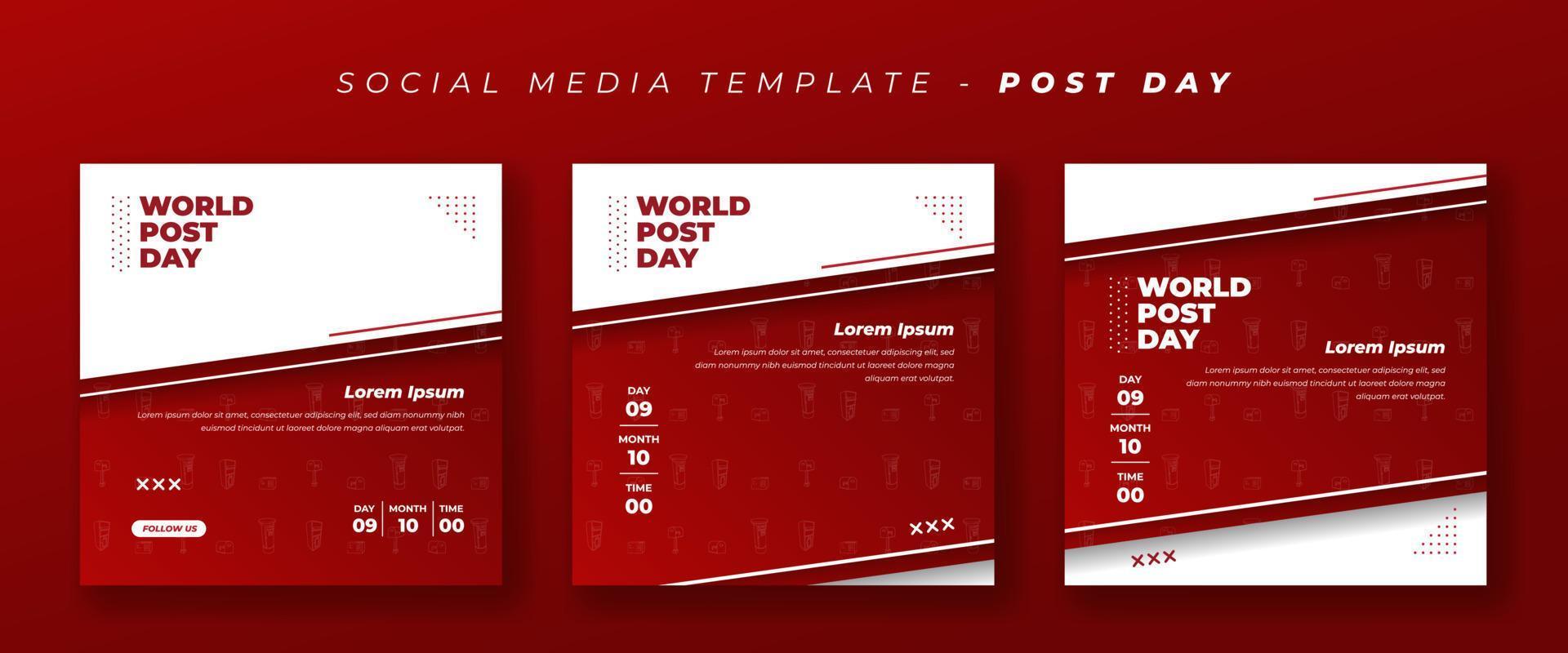 Social media post in red and white background with line art of postal icon design for world post day vector