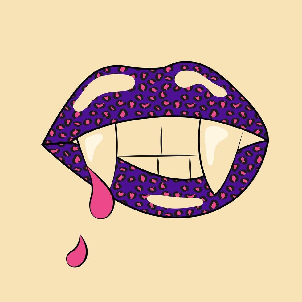 Purple Leopard Lips Vampire Bite and Blood Drop Halloween Holiday vector