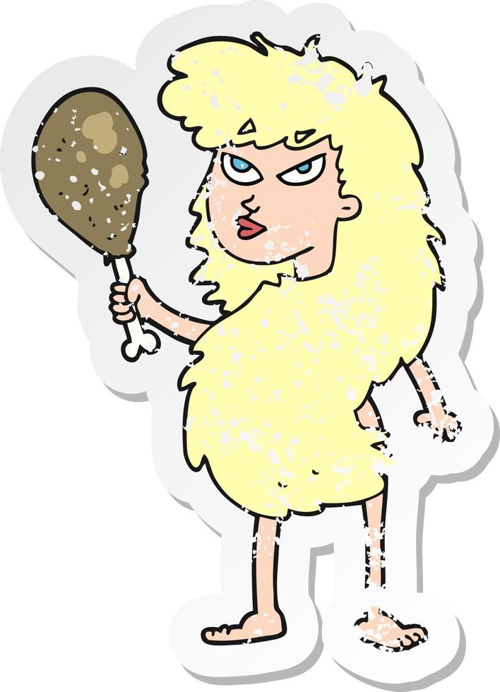 retro distressed sticker of a cartoon cavewoman with meat vector