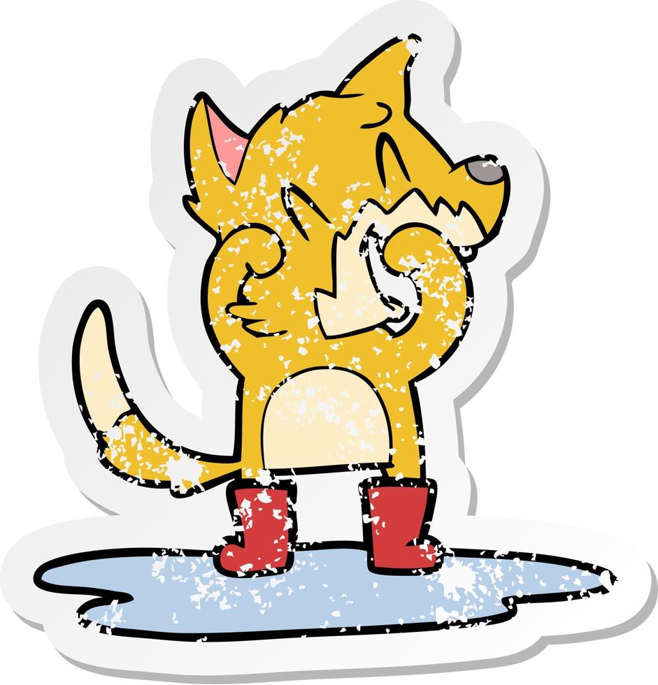 distressed sticker of a laughing fox in a puddle vector