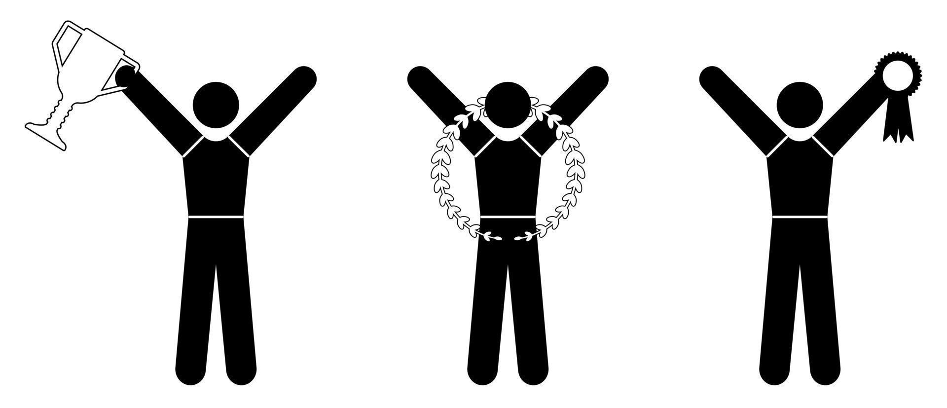 Icon set of human winner champion with trophy, laurel wreath and medal. Vector illustration
