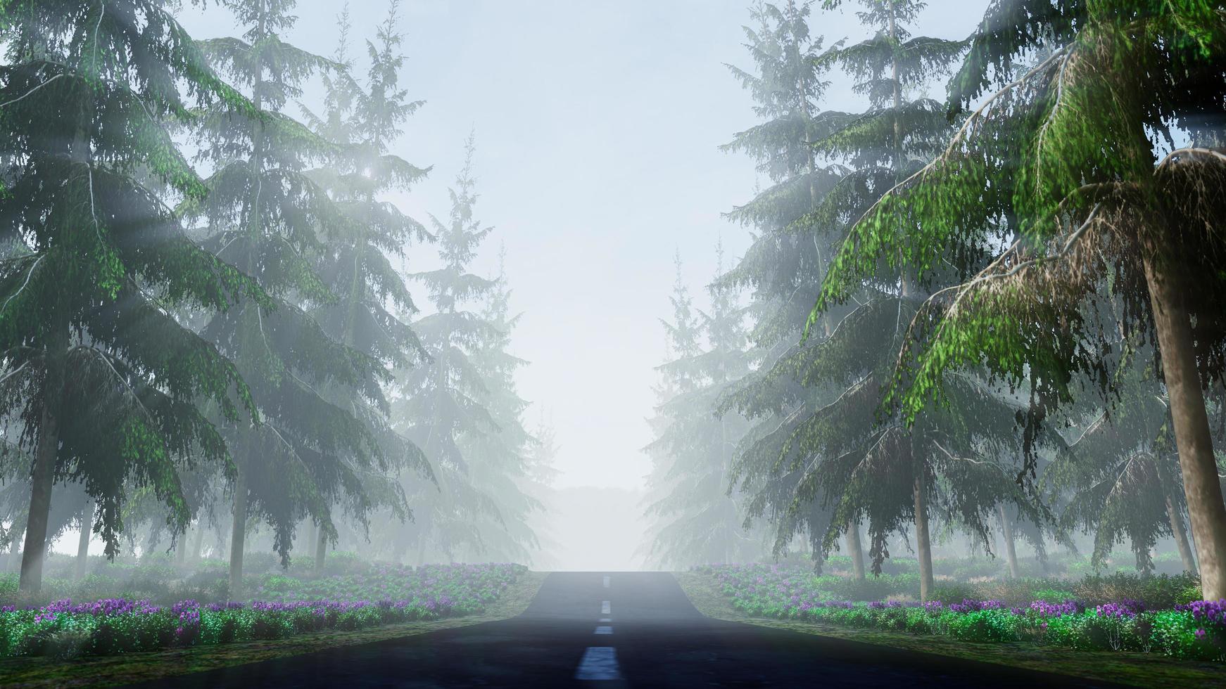 The road cuts through the pine forests on the mist-shrouded mountains. In the morning, the sun shines, a God Beam or Light Ray descends. Flower bushes on the side of the road. 3D rendering photo