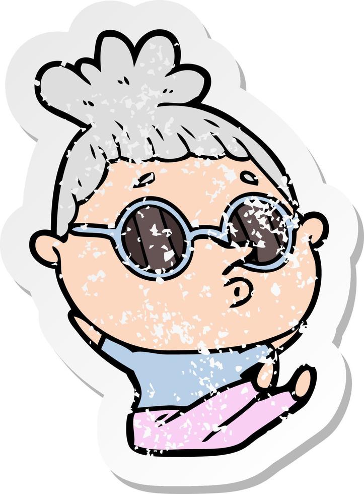 distressed sticker of a cartoon woman wearing sunglasses vector