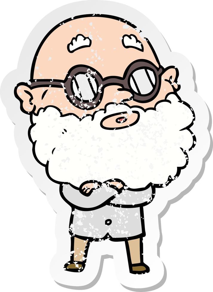 distressed sticker of a cartoon curious man with beard and glasses vector