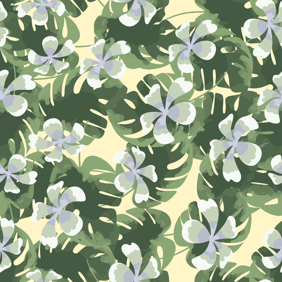 Tropical seamless pattern with exotic palm leaves and tropical flower. Tropical monstera. Hawaiian style.  Stylized watercolor. vector