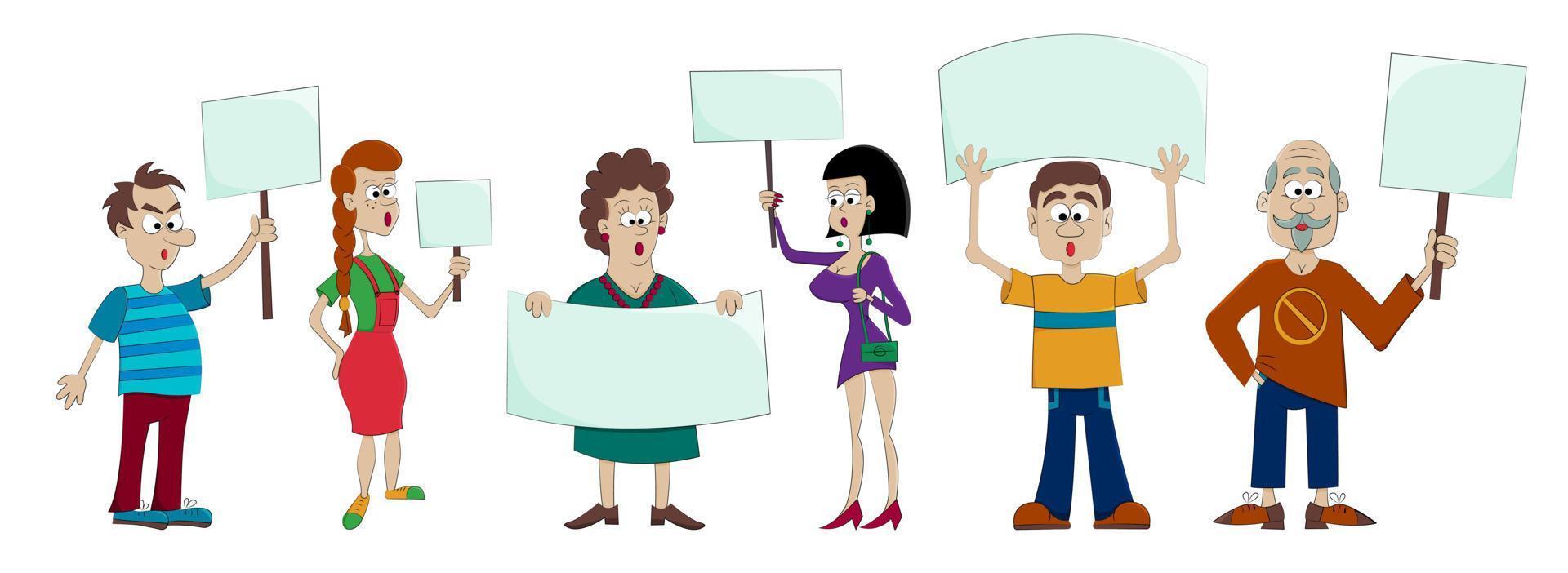 Protesting people with placards on a white background. Human activist. Protest actions. Vector illustration in cartoon style.