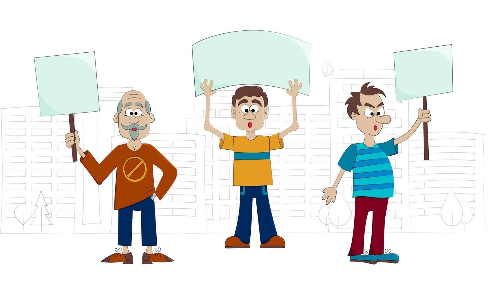 People protesting with placards in front of the city. Male activists. Protest actions. Vector illustration in cartoon style.