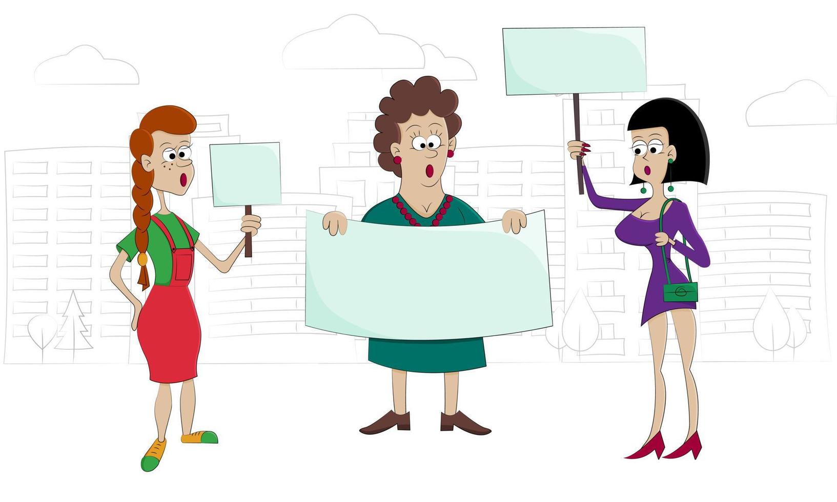 People protesting with placards in front of the city. Women activists. Protest actions. Vector illustration in cartoon style.