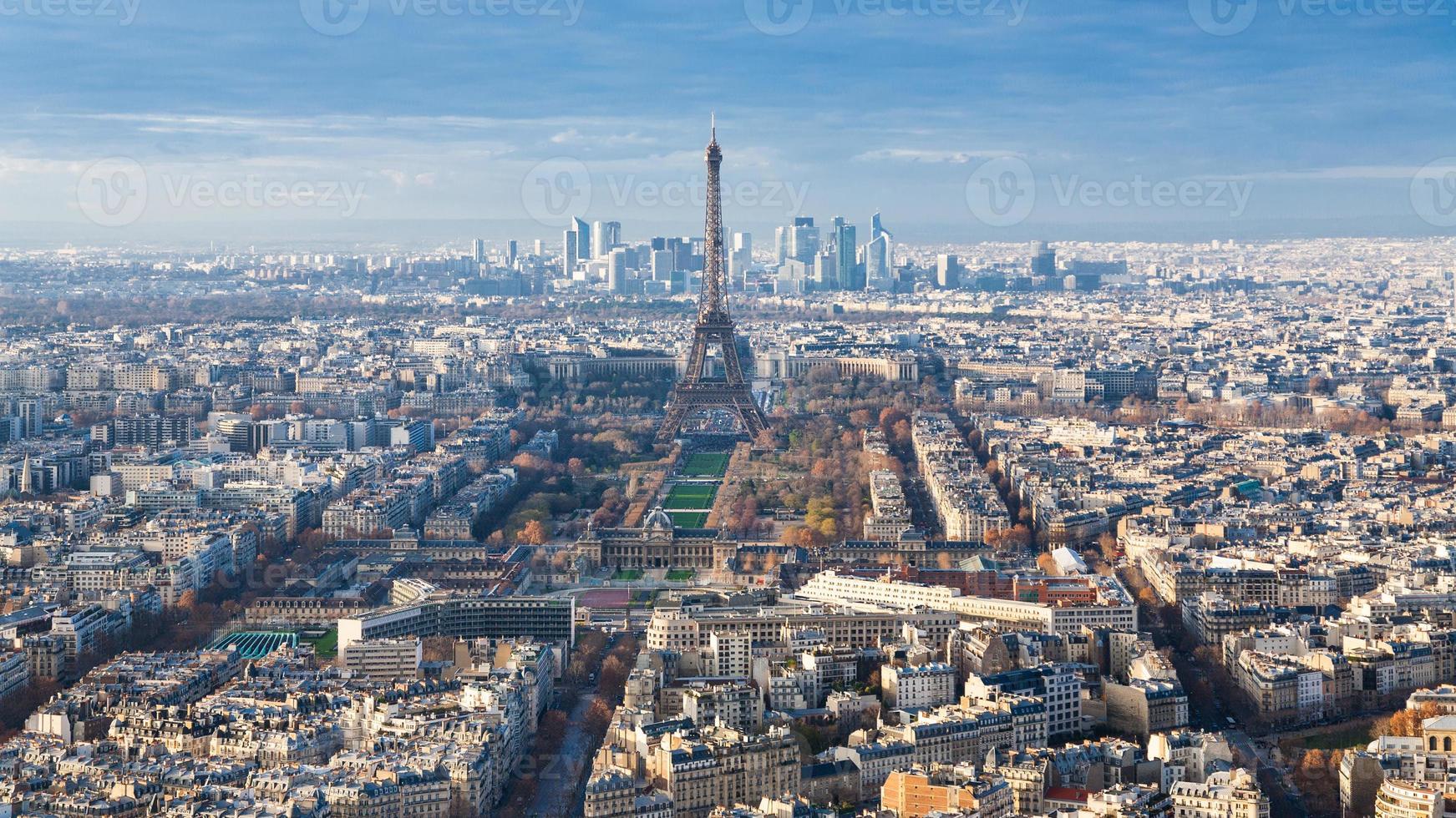 above view of Eiffel Tower in Paris cityscape photo