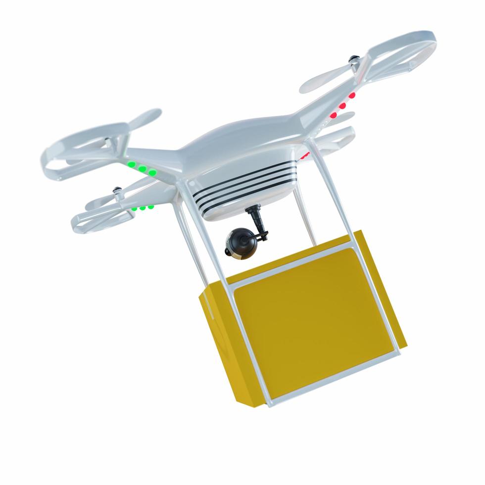 A white 4-propeller drone is flying to deliver parcels. Parcel delivery technology with drones. Isolated on white background with Clipping path photo