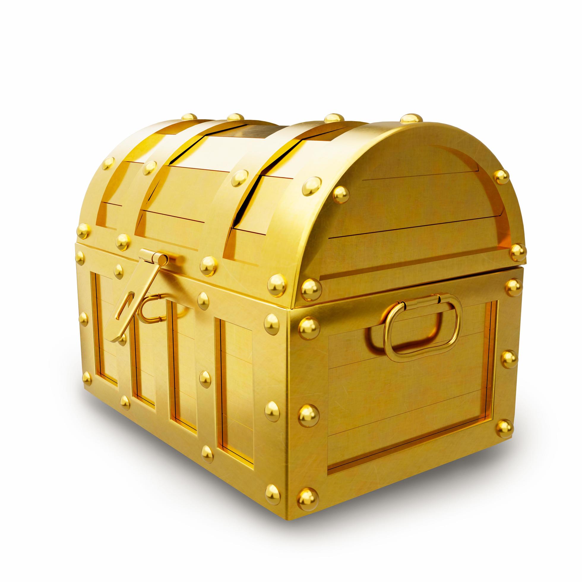 Treasure chest made of gold. Antique chest made of wood and metal