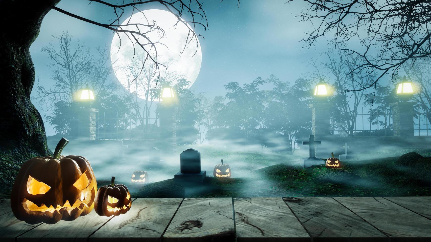 Halloween night cemetery, many graves, with pumpkins carved in the face of the devil. The full moon was misty, above the ground the trees had branches without leaves. 3D rendering photo