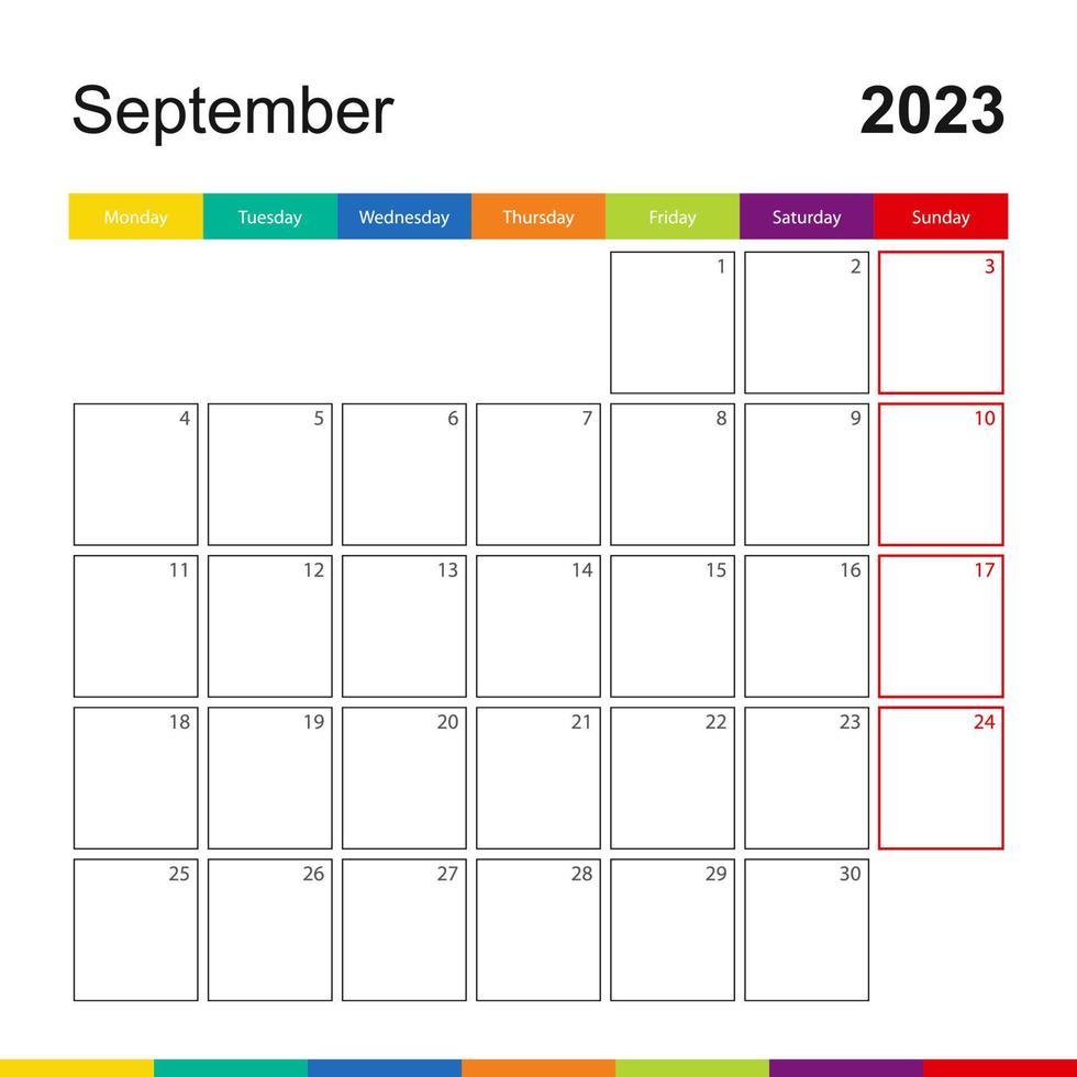 calendario de pared colorido de septiembre de 2023, la semana comienza el lunes. vector