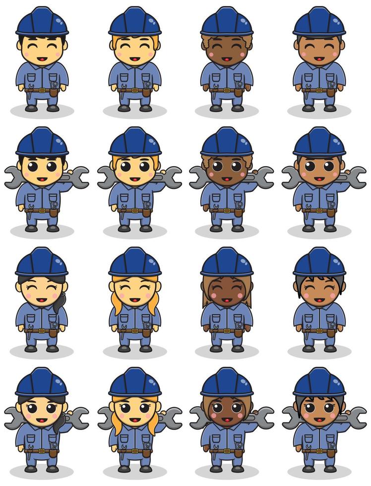 Vector Illustration of Cute Technician Cartoon. Childrens with construction tools making job working builders. Kids Construction cartoon. Flat vector cartoon design