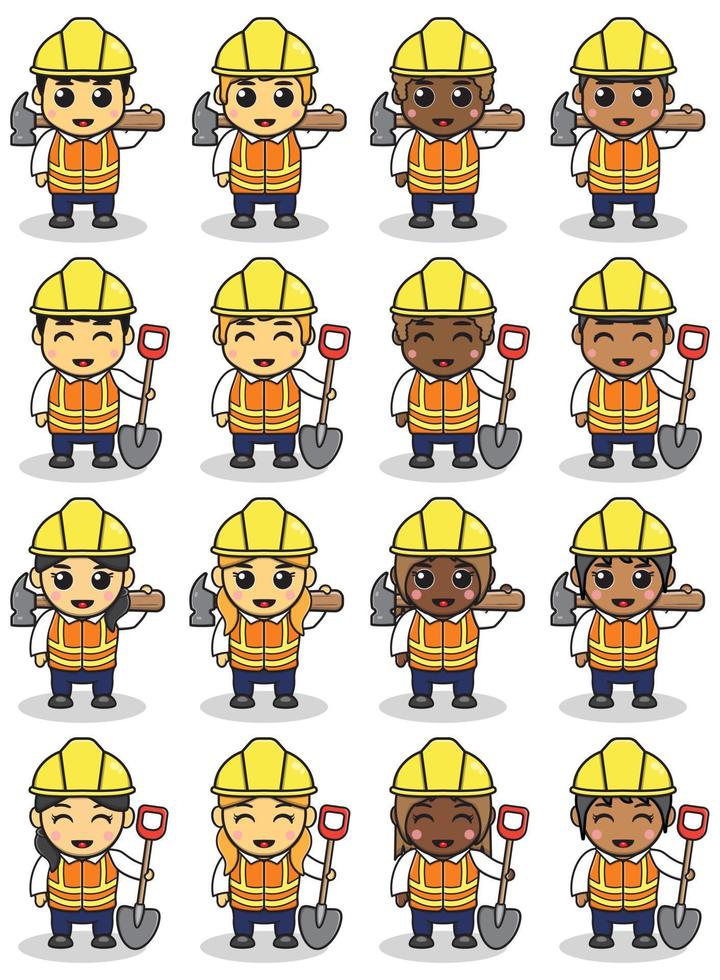 ilustración vectorial de lindos dibujos animados de niños de construcción. niños con herramientas de construcción haciendo trabajo constructores. dibujos animados de construcción de niños. diseño de dibujos animados de vector plano