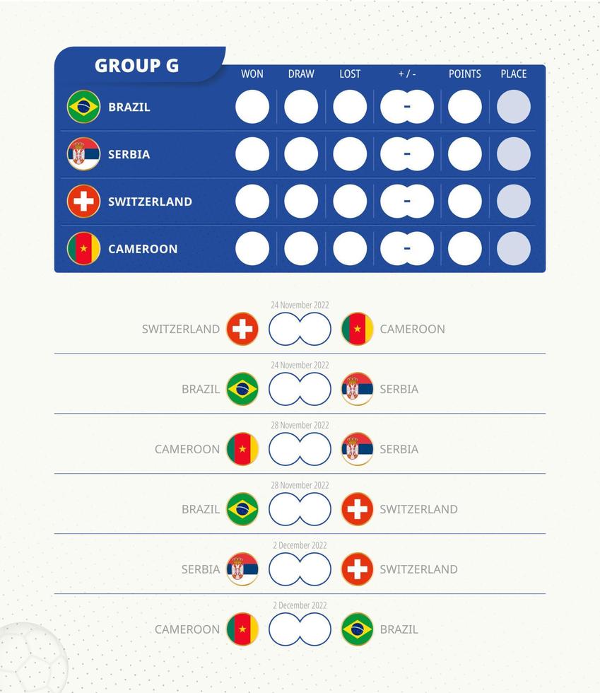 marcador del grupo g del torneo mundial de fútbol 2022. Calendario de partidos de todos los juegos. vector