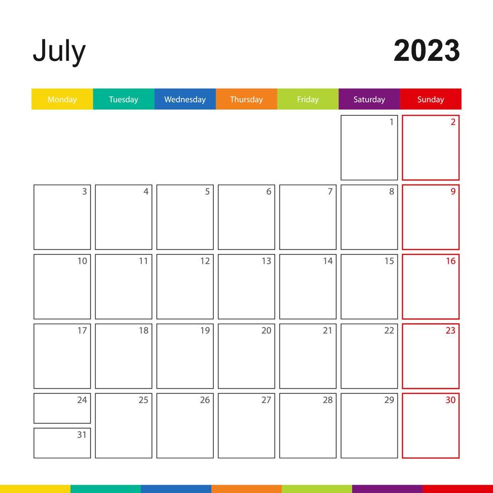 July 2023 colorful wall calendar, week starts on Monday. vector