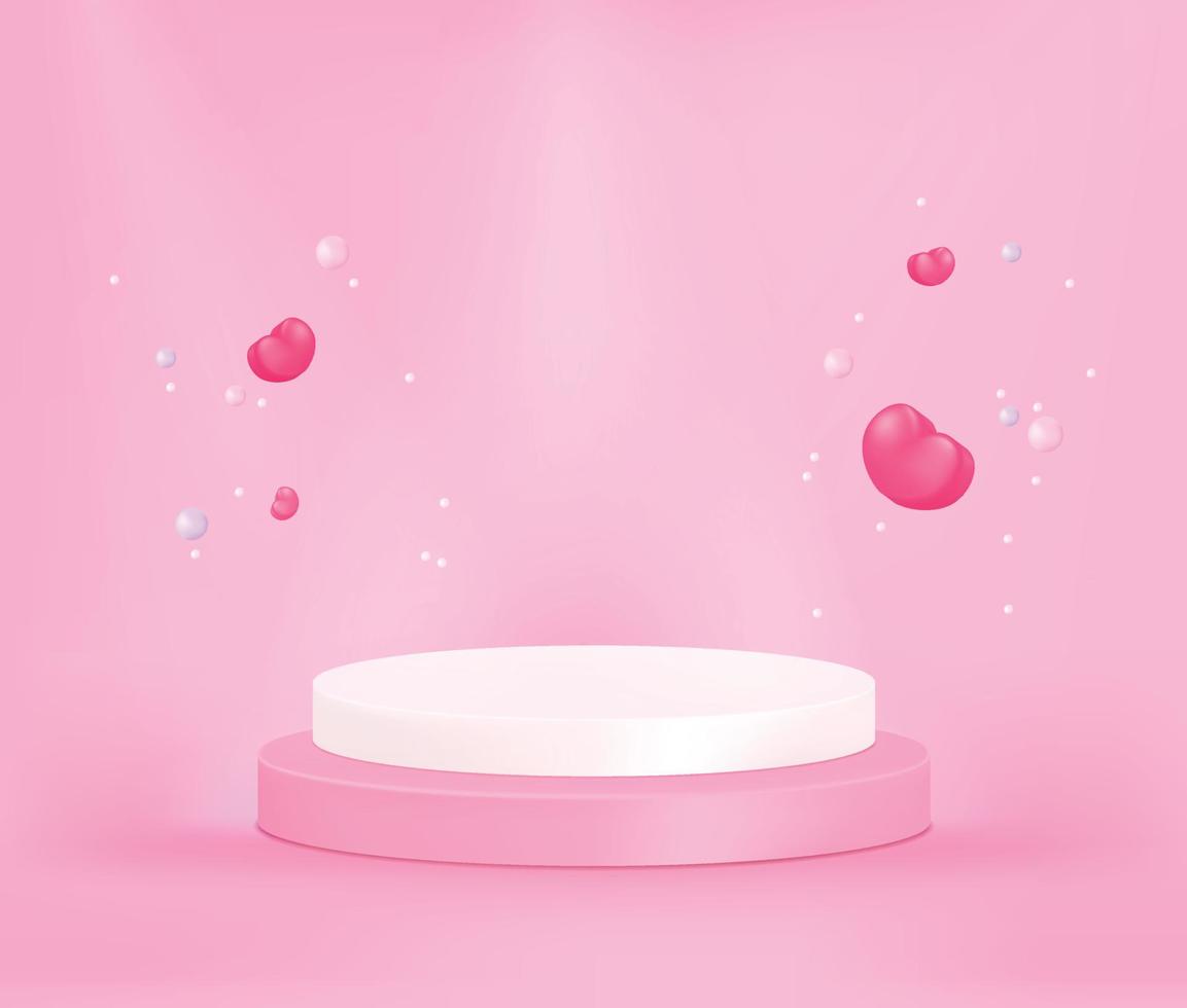 Product display podium with hearts and pearls on pink background, 3D rendering podium. vector