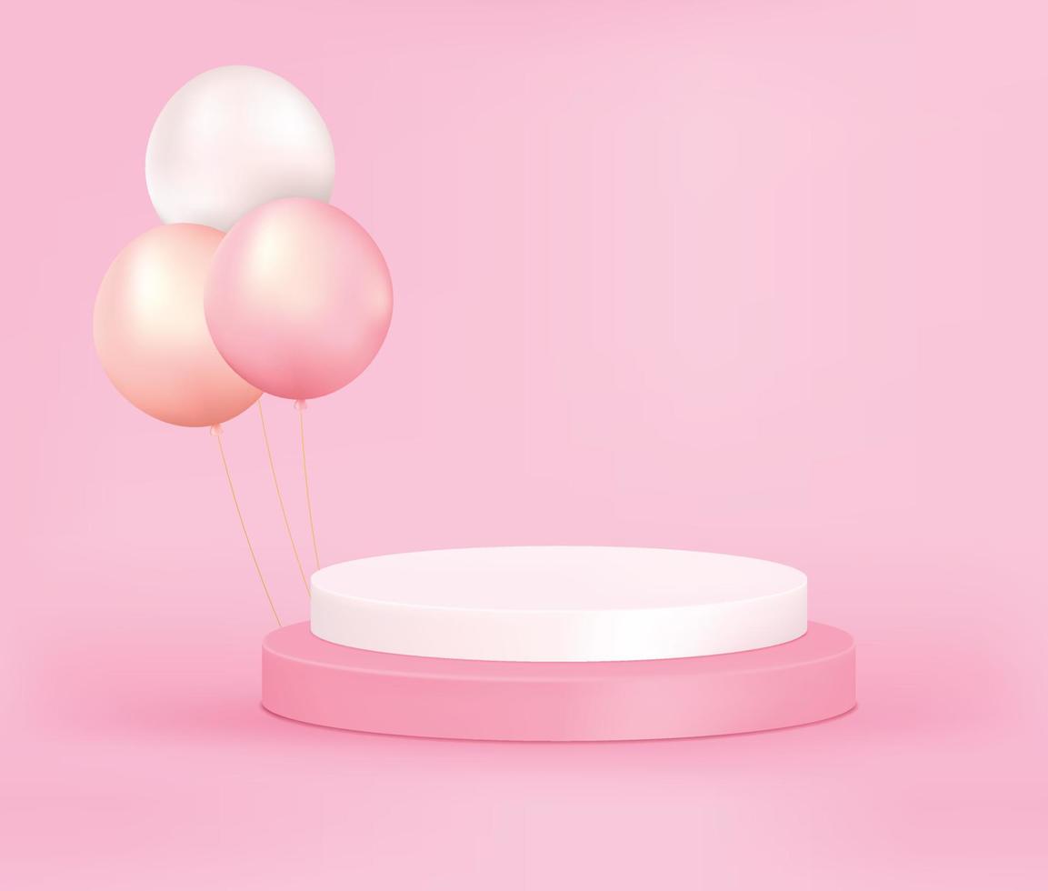 podio de exhibición de productos con globo de perlas sobre fondo rosa, podio de representación 3d. vector