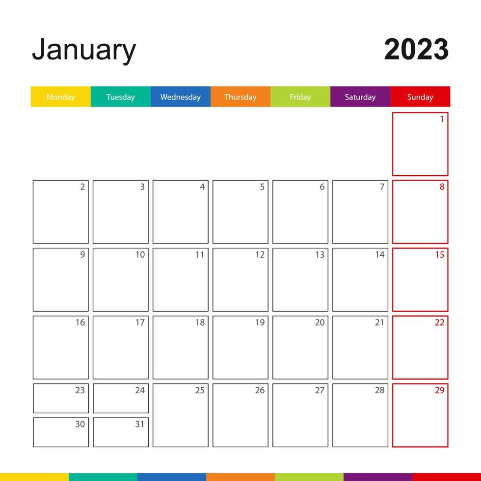 calendario de pared colorido de enero de 2023, la semana comienza el lunes. vector