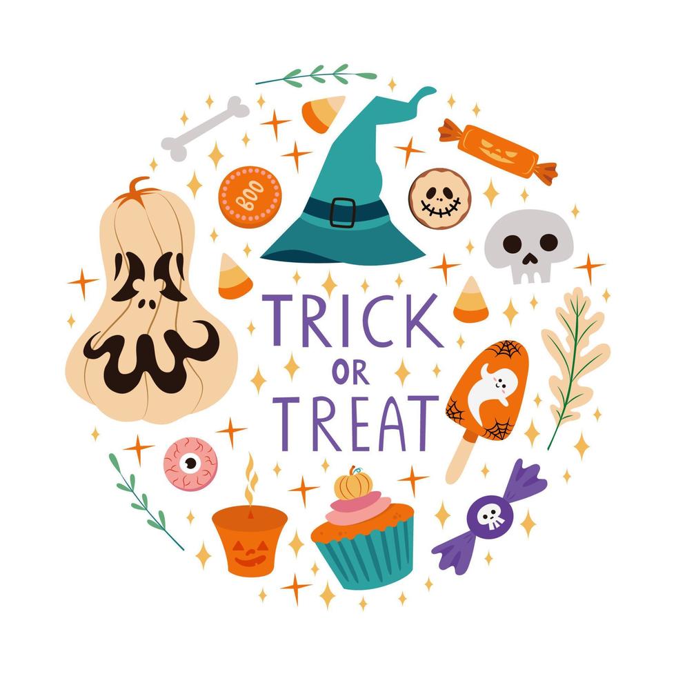 Circle Halloween composition with lettering phrase - Trick or treat. Set of wittch hat, skull, halloween sweets and pumpkin for card design vector