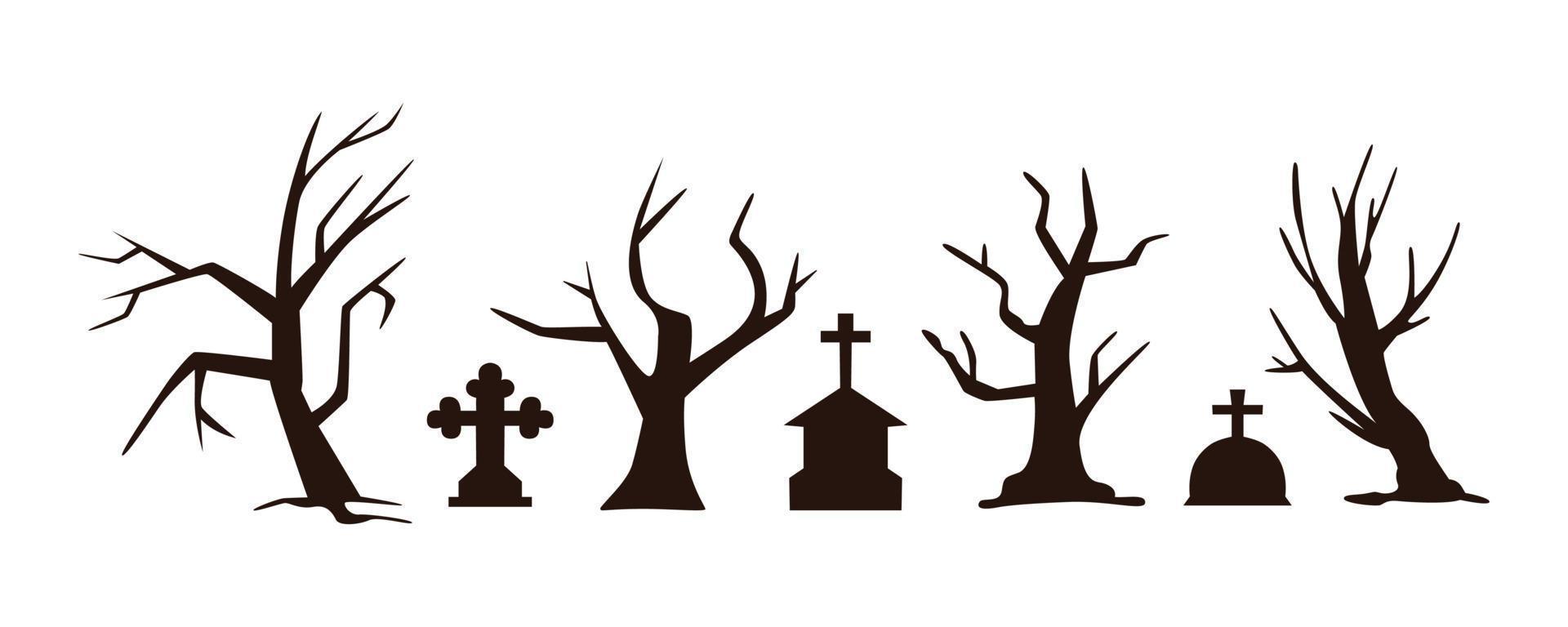 Creepy Halloween graveyard headstones coffins vector collection. Spooky trees silhouettes